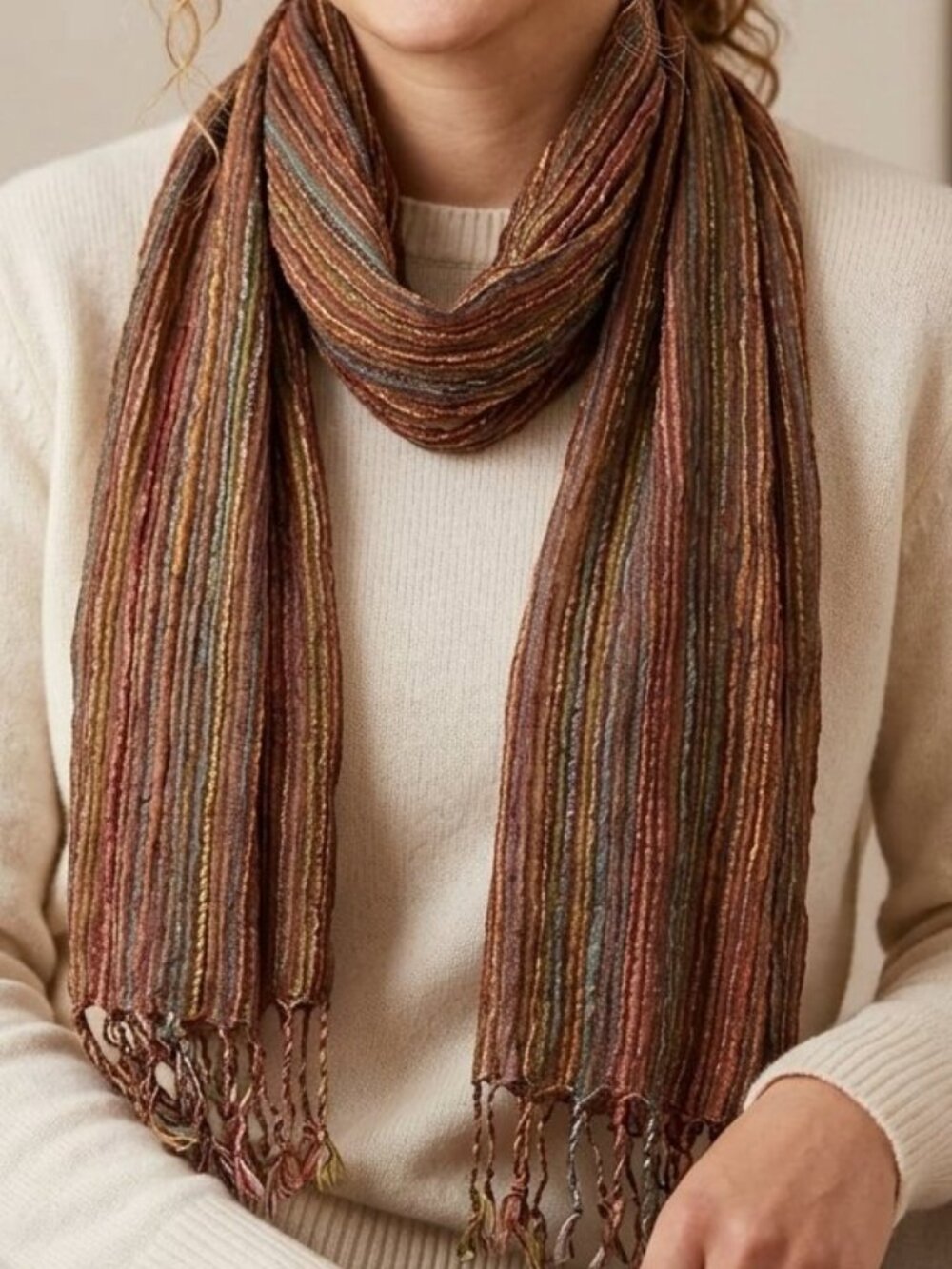 Mix Nouveau Women's Long Brown Multicolored Scarf Earthy Tones Winter